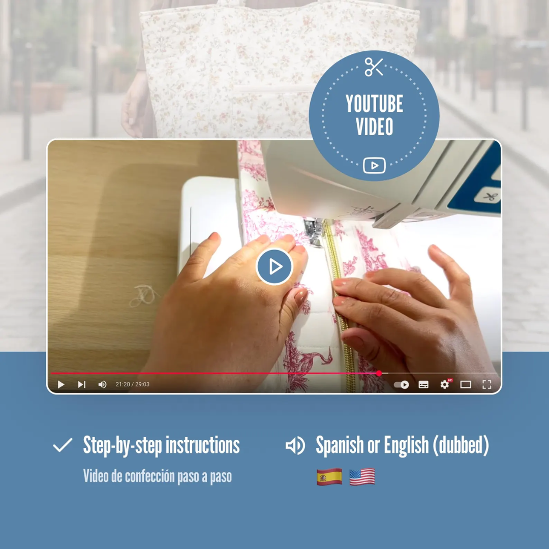 Quilted tote bag sewing pattern with handles, outer pocket, and inner lining with pockets – PDF and video tutorial