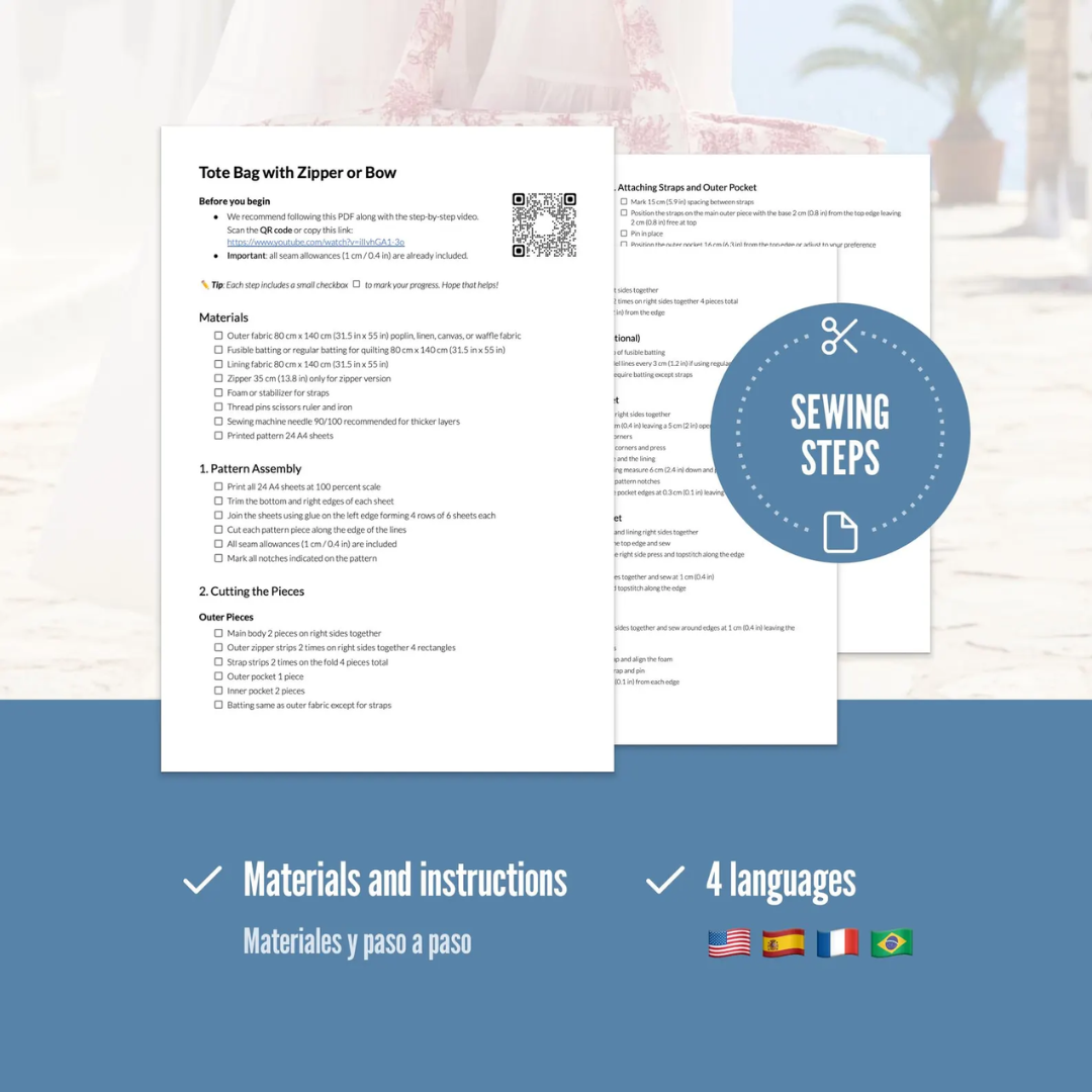 Quilted tote bag sewing pattern with handles, outer pocket, and inner lining with pockets – PDF and video tutorial