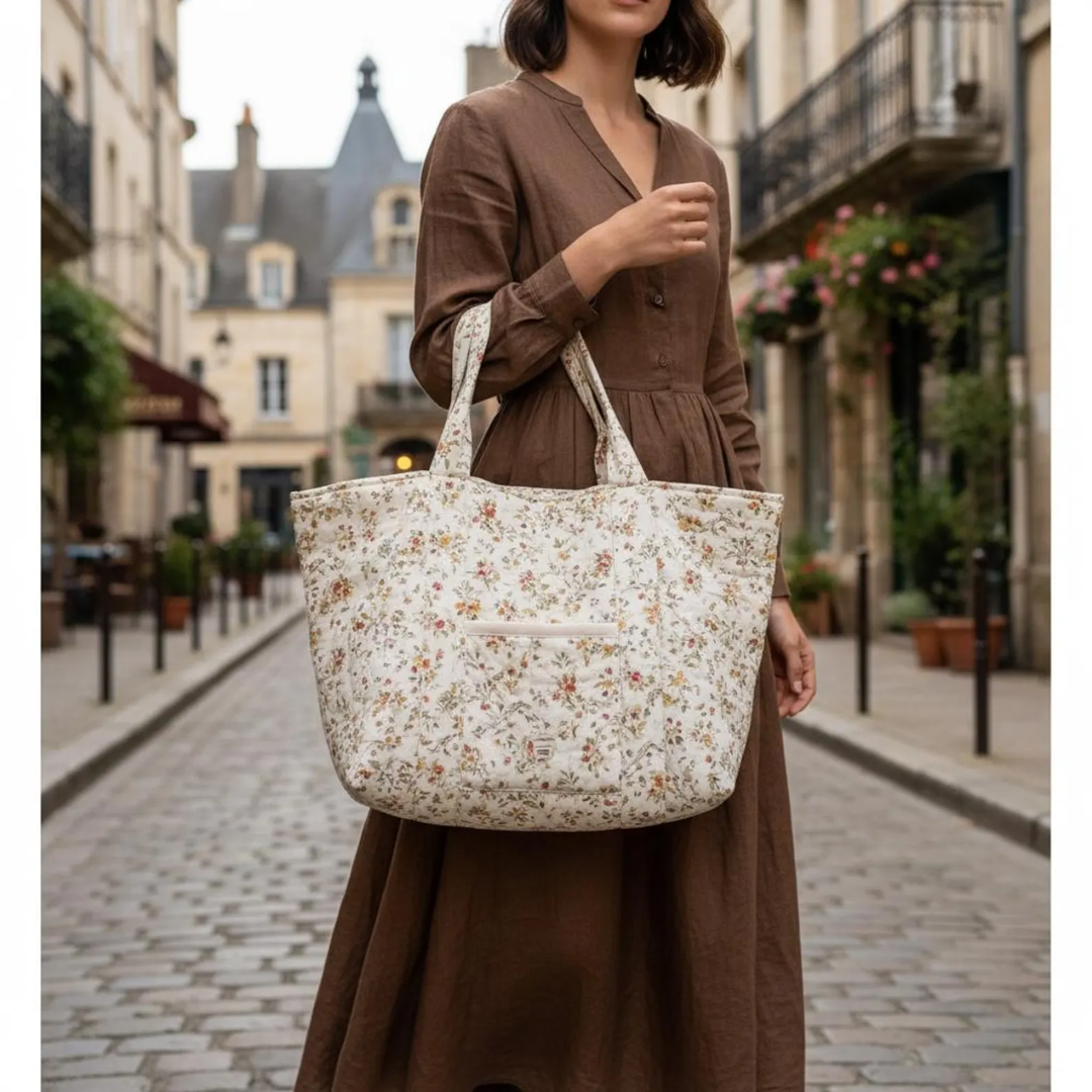 Quilted tote bag sewing pattern with handles, outer pocket, and inner lining with pockets – PDF and video tutorial